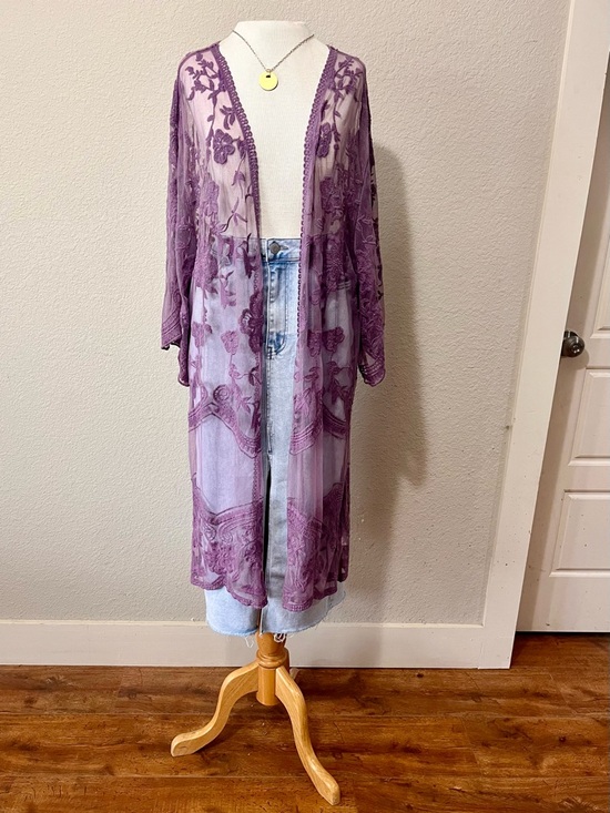 She + Sky Tops - She + Sky Mauve Lace Embroidered Kimono